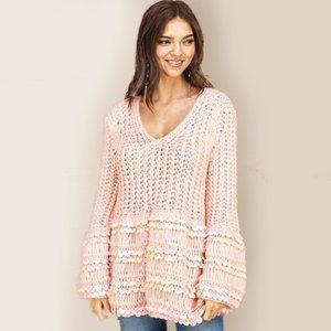 VELZERA NWT pink sequin bell sleeve sweater